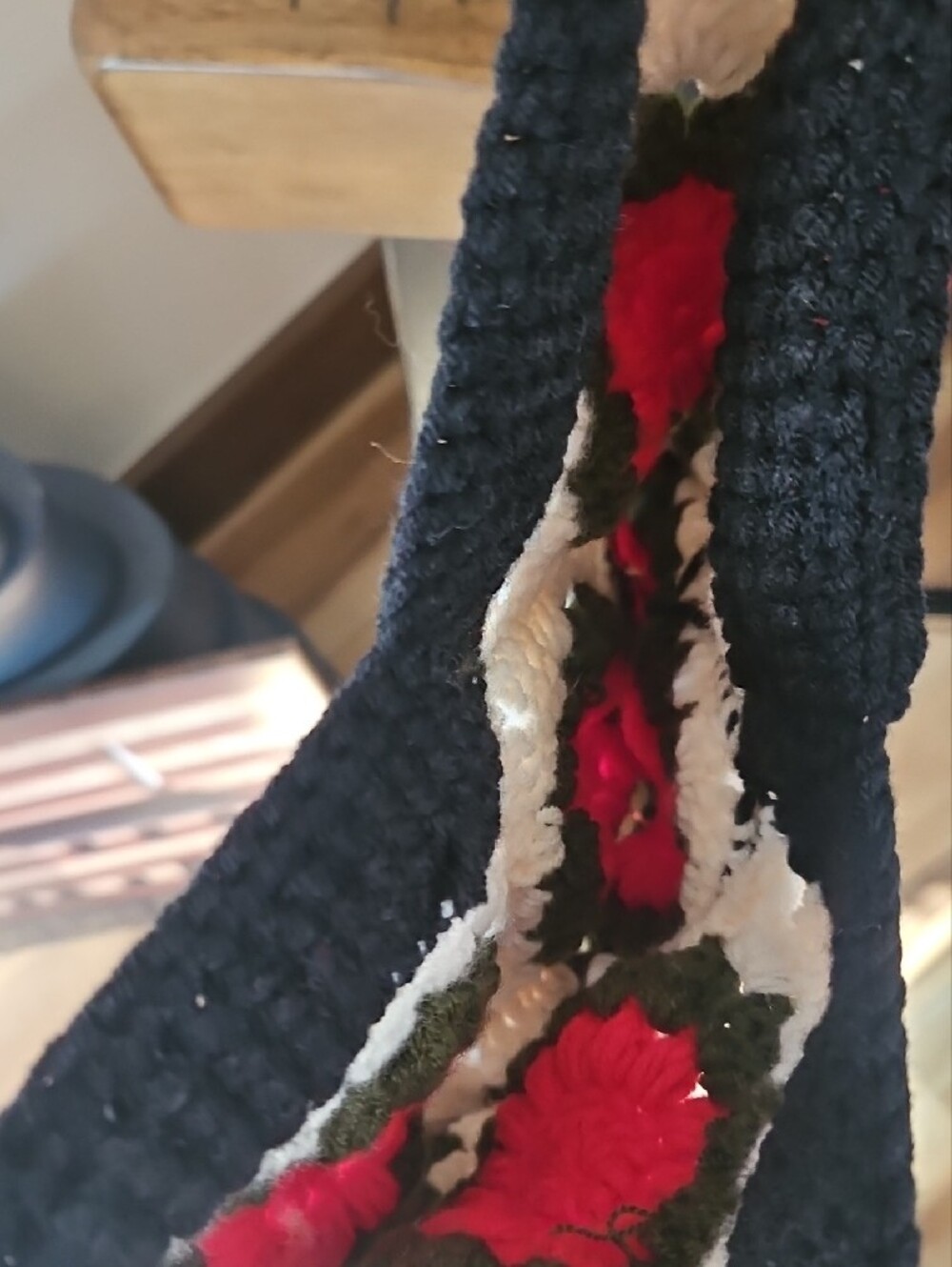 Handmade By Me Crochet Tote Bag in Black, White & Red Floral Squares - Picture 2 of 4